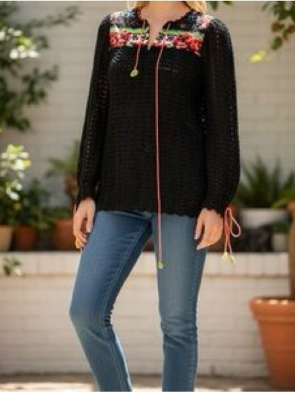 Free People Black Crochet Floral Yoke Tie Front Sweater Size S